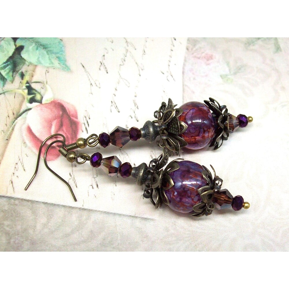 Burgundy Lampwork Earrings Glass Ornate Dangles, Artisan Crafted Unique Jewelry